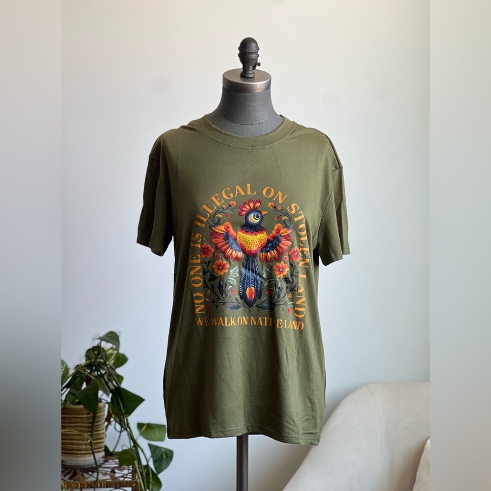 No One Is Illegal On Stolen Land Tee - Olive Green - Picture 2 of 3